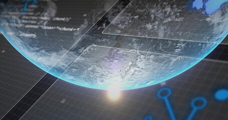 Displaying glowing digital globe floating in holographic workspace, with grid lines and node icons
