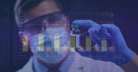 Showing lab technician holding green cap vial in lab, wearing mask and gloves with data overlays