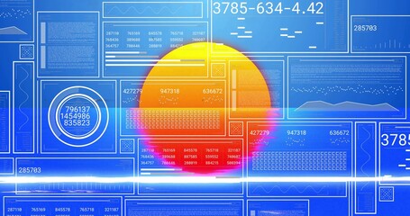 Displaying semi-circular sun graphic glowing on digital dashboard, with code panels and light flare