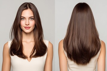Fototapeta premium Front and back portrait of woman with natural chestnut brown layered hair and classic soft makeup