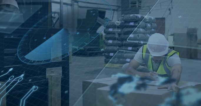 Leaning male worker wearing safety gear logging crate inventory in high tech facility, copy space - Powered by Adobe