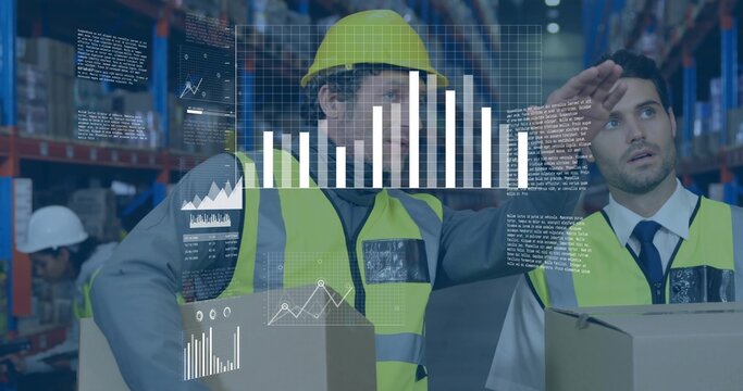 Analyzing warehouse team inspecting inventory with data overlay at distribution center, with boxes