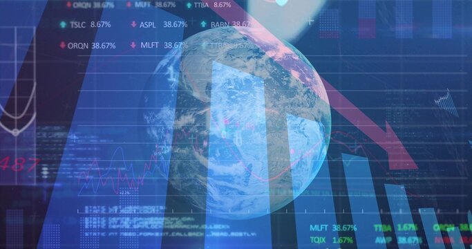 Naklejki Hovering Earth globe over financial dashboard, with red arrow, charts, code snippets and tickers