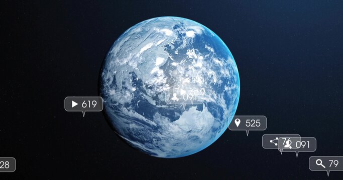 Naklejki Revolving Earth globe displaying icons in space, with play, user, location, share, magnifier counts