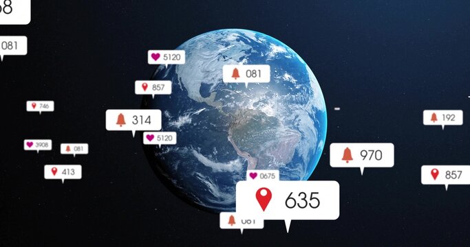 Floating digital Earth drifting in space, with heart likes bell notifications location pins