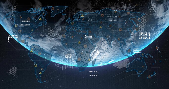 Naklejki Displaying digital Earth globe rotating in space, with neon-blue outlines and data markers