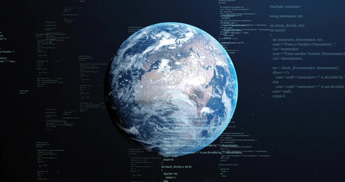 Naklejki Floating digital Earth globe rotating in dark space, streaming programming code snippets