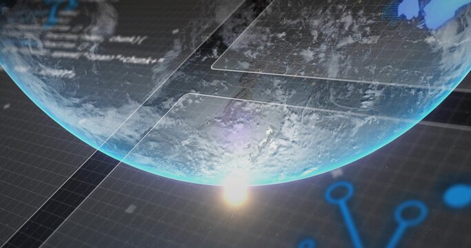 Displaying glowing digital globe floating in holographic workspace, with grid lines and node icons - Powered by Adobe