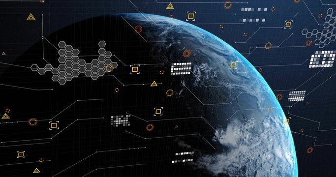 Naklejki Showing Earth globe projecting digital overlay in space with hex mesh, nodes and data blocks
