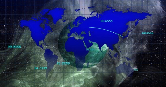 Displaying world map overlaying globe in digital visualization, with numeric coordinate labels