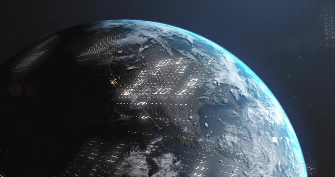 Naklejki Displaying planet Earth revealing sunlight and shadow in space, with numeric overlays, city lights