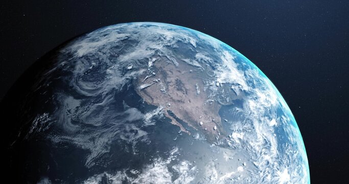 Naklejki Rotating planet Earth revealing curvature and atmosphere in outer space, swirling white clouds