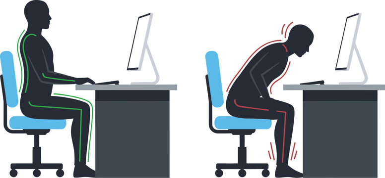 Correct posture vs bad posture sitting at desk office ergonomic tips