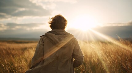 A young person with wavy hair walks through a golden field at sunset, embracing the tranquility of nature.