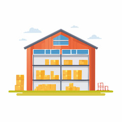 Illustration of large storage building containing cardboard boxes on shelves