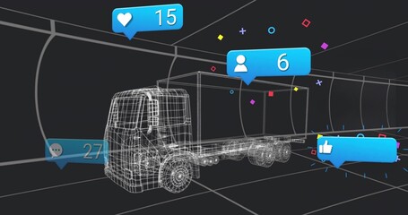 Displaying wireframe truck model navigating grid tunnel, with social media notification icons