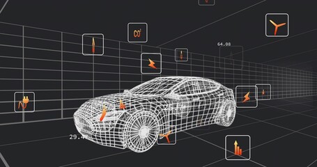 Floating wireframe car model hovering in digital grid space, data panels showing icons and numbers