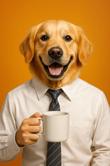 Golden Retriever in Business Attire Holding Coffee Cup Against Orange Background