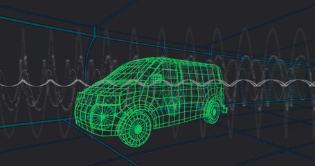 Rendering neon green wireframe van in simulation chamber with blue grid, white waveform overlays