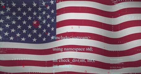 Naklejka premium Showing American flag waving in abstract digital graphic, with floating C++ code and binary digits