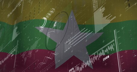 Naklejka premium Displaying Myanmar star symbol on digital flag stripes with line graphs and numeric labels