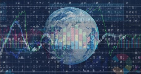 Displaying Earth globe on dark grid with binary code, bar charts, line graphs and numeric data