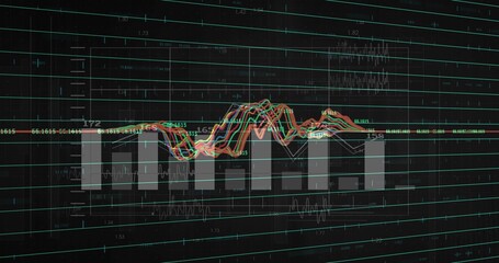 Displaying seven gray vertical bars and overlaying line graphs on dark dashboard, with teal grid