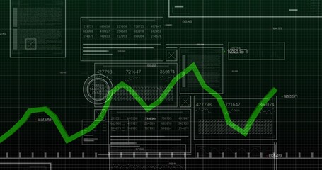 Displaying green line chart moving across UI, with panels grid ticks and circular highlights