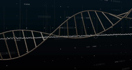Displaying DNA helix undulating across data canvas, with glowing points and numeric grid overlays