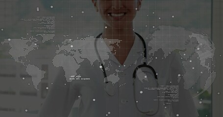 Standing female physician wearing white coat and stethoscope in corridor, with world map overlay