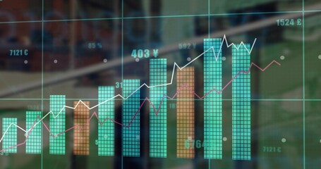 Showing transparent digital display with bar charts, line graphs and currency symbols in office