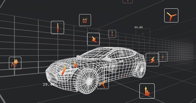 Fototapeta Floating wireframe car model hovering in digital grid space, data panels showing icons and numbers