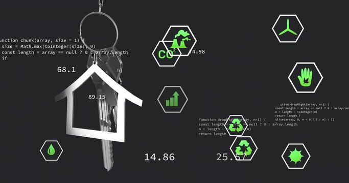 Displaying keyring with house keychain and keys on dashboard showing code and eco icons, copy space