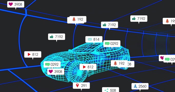Showing glowing wireframe sports car gliding through blue grid tunnel, with floating media badges