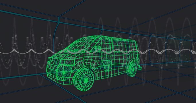 Rendering neon green wireframe van in simulation chamber with blue grid, white waveform overlays