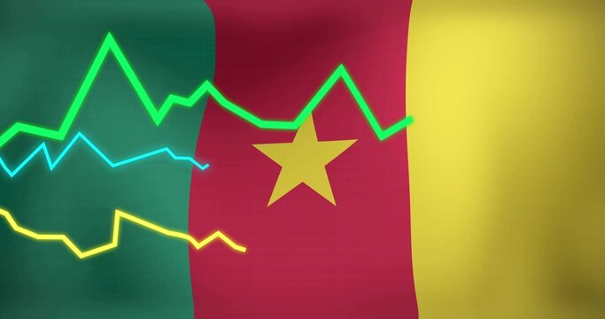 Naklejki Showing tricolor flag featuring central star in graphic, overlaying three neon line charts