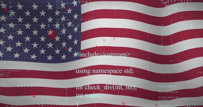Naklejki Showing American flag waving in abstract digital graphic, with floating C++ code and binary digits