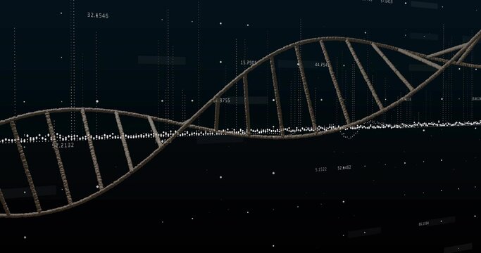 Displaying DNA helix undulating across data canvas, with glowing points and numeric grid overlays