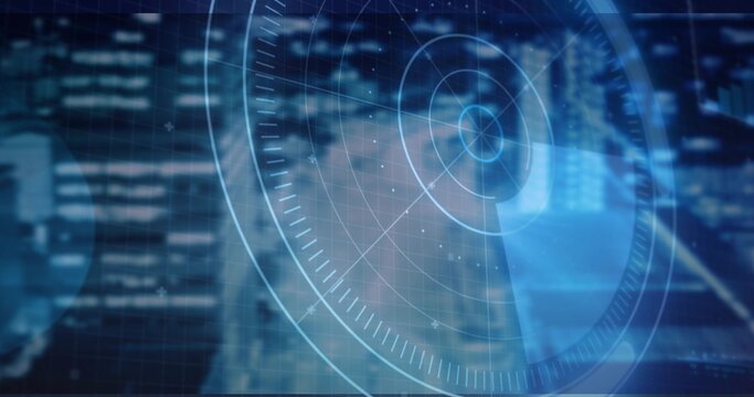 Displaying translucent circular radar interface overlaying nighttime city skyline, with data nodes
