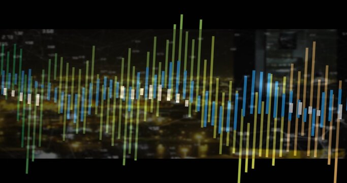 Displaying multicolor waveform bars over nighttime skyline, with glowing streetlights and buildings