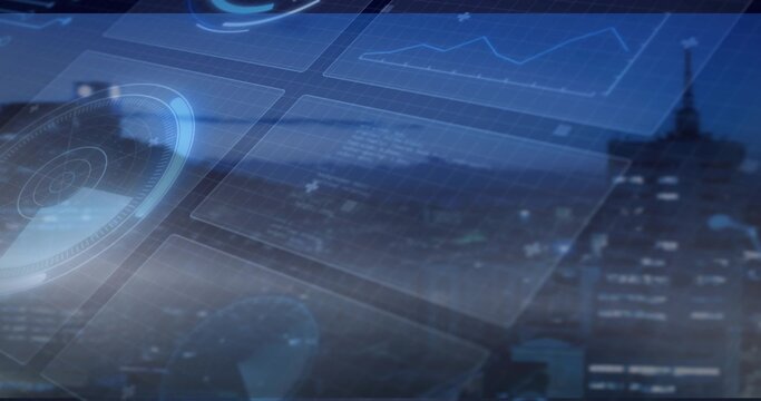 Displaying UI panels overlapping city skyline at night, with line graphs, radar dials and holograms