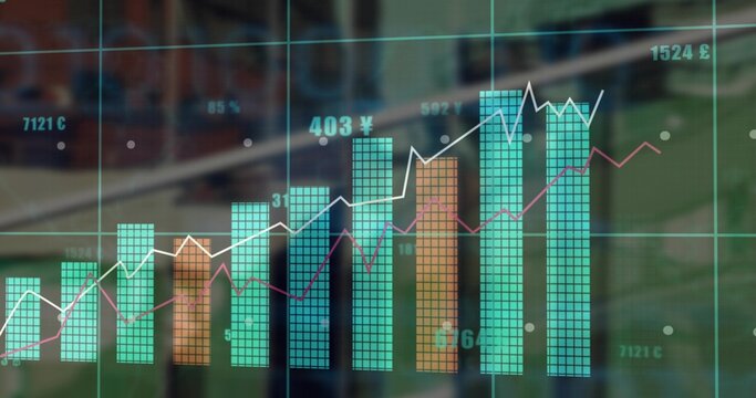 Showing transparent digital display with bar charts, line graphs and currency symbols in office