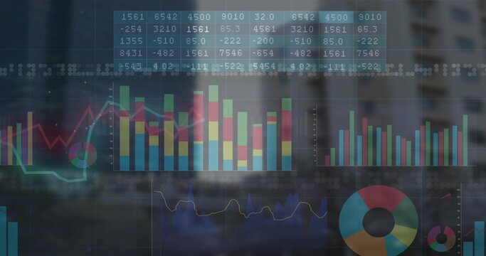 Displaying analytics dashboard overlay on office window with bar charts line graphs doughnut chart