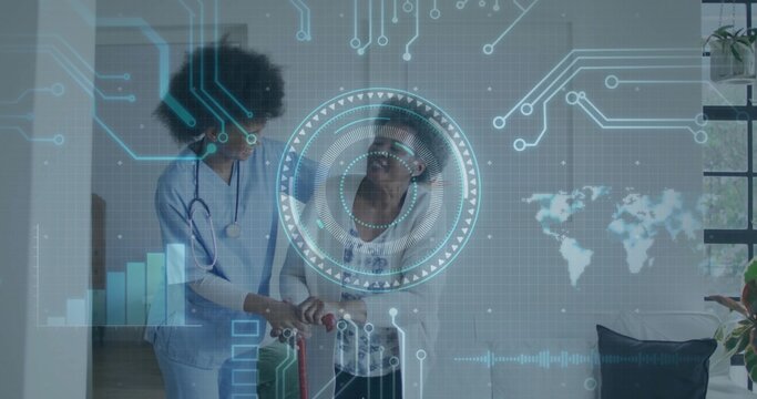 Supporting nurse helping patient gripping red walker in living room, with stethoscope, data overlay - Powered by Adobe