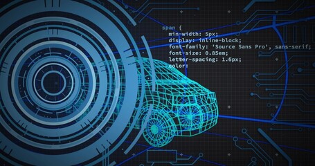 Obraz premium Displaying neon-blue wireframe car model in digital interface, with HUD, CSS code, and circuit grid