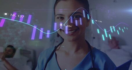 Smiling Indian nurse in scrubs with stethoscope standing in ward with beds, digital charts © vectorfusionart