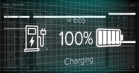 Displaying white charging status graphic indicating full battery on terminal, with code lines, grid