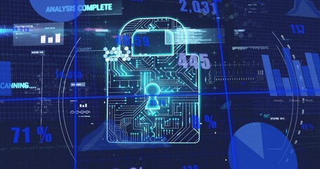Glowing circuit-patterned padlock icon illuminating cybersecurity grid interface, with data streams