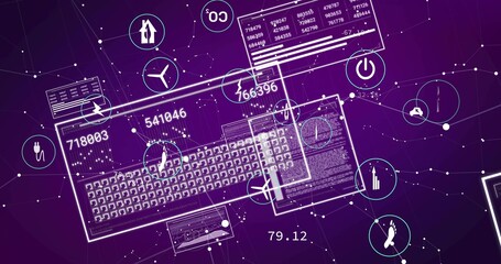 Displaying keyboard outline floating on purple background with data panels and network icons