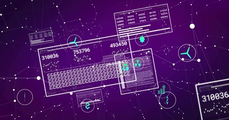 Displaying keyboard panel over purple network grid, with data windows and floating icons © vectorfusionart